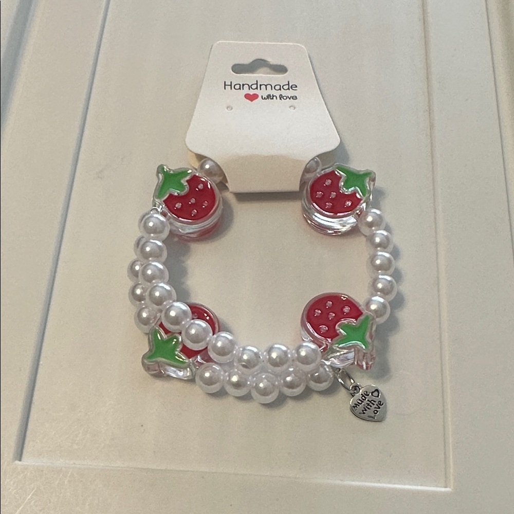 Handmade Strawberry Charm Pearl Bracelet